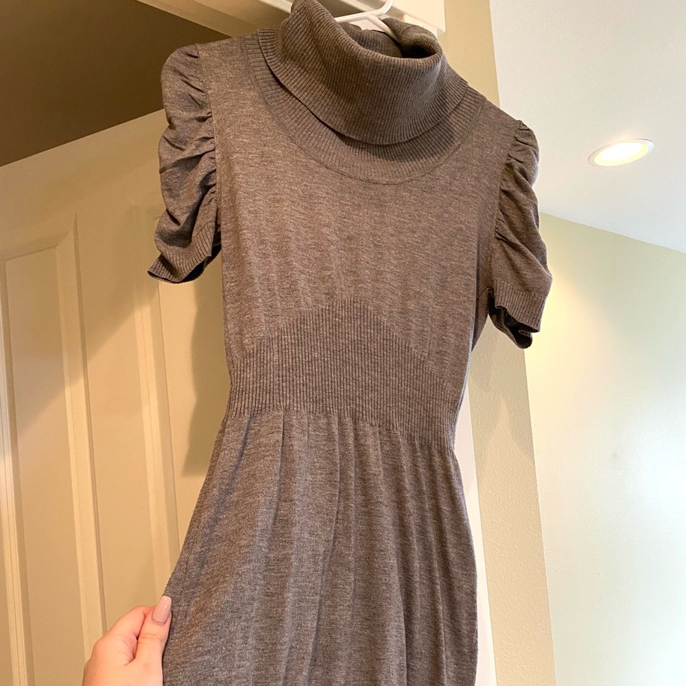 Grey turtleneck sweater dress with ruched sleeves